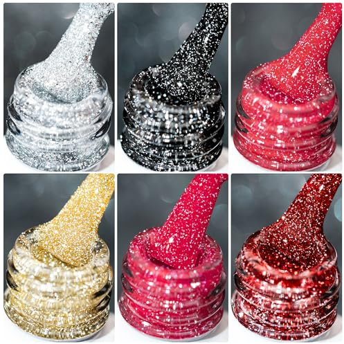 BURANO Reflektierende Glitter UV Gel Nagellack, 7.3ml Grün Lila Rosa Silber Orange Sparkle Holographische Glitter Gel Nagellack für DIY Home 6 Flaschen