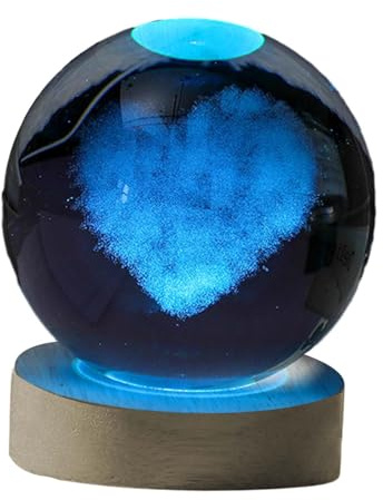 predolo Lampada da notte a sfera in vetro con decorazione moderna a forma di cuore con base in legno a LED, 8 cm