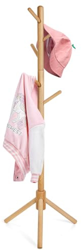 Cozivolife Kid's Coat Rack Stand Beech Wood Clothes Tree, Height Adjustable Freestanding Child Jacket Holder with 9 Hooks, Hanging Hats and Handbags, Hallway, Entryway,Bedroom, Easy Assembly (Natural)
