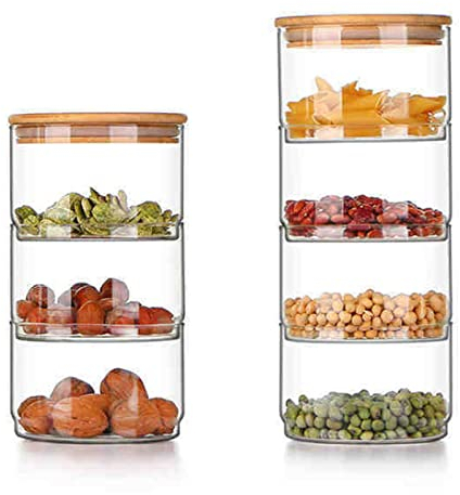 Glassp Eicher Gläser, 3-stufiger Dekorativer Runder Glas Vorrats Behälter mit Deckel, Stapelbarer Runder Glas Vorrats Behälter, Abgestufte Snacks und Trockenobst-Organizer(4-stufig)