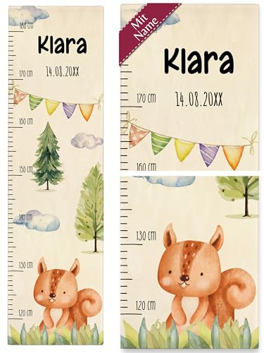 Messlatte Kind Holz - Niedliches Eichhörnchen Kindermotiv Süßes Eichhörnchenmotiv Squirrel mit Namen und Datum - 120-180 cm - Holz - kinder waldtiere