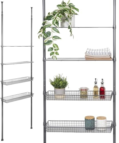 bremermann Teleskop-Regal mit 2 Körben 2 Ablagen, Badregal, Waschmaschinenregal, Allzweckregal für viele Wohnbereiche geeignet, Teleskop-Stange höhenverstellbar bis max. ca. 290 cm (Grau)