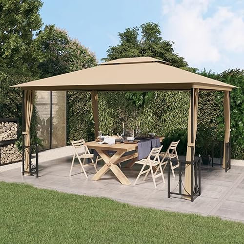 Gecheer Cenador con lonas laterales y doble techo, 3 x 4 m, color pardo, cenador de exterior, toldo, pérgola con tela, pabellón de jardín, carpa para fiestas, cenador para barbacoa, A318545