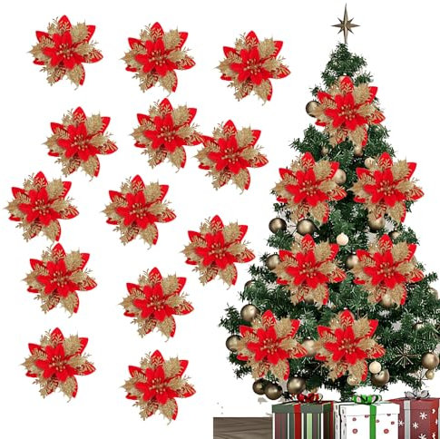 Hanwin Fiori per Albero di Natale, 20 Pezzi Fiori Per Albero Di Natale, Fiori Albero Di Natale, Fiori Natalizi Per Decorazioni, Fiori Artificiali Natalizie, Decorazione Albero Di Natale (rosso)