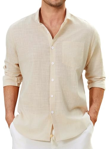 Enlision Linne Skjortor Herr Långärmad Sommar Bomull Avslappnad Skjorta Henley Skjortor Mao Hals Enfärgad Elegant Strand Bröllop Semester S-4XL, F3 Beige, kaki, XL