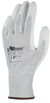U-Power Pika Gants De Travail Antisécurité Support Polyester Fibre De Carbone Split Polyuréthane Anti-statique Écran Tactile Protection Risques Mécaniques Thermiques Gris 9/L 12 Pcs
