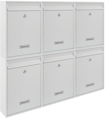 Zedelmaier 6er Briefkastenanlage mit personalisierten Namensschildern, Weiß | 6er Wandbriefkastenanlage fürs Mehrfamilienhaus, je Fach 26 x 35 x 8,5cm, DIN C4, 4 Schlüssel, Wunsch-Namensschilder