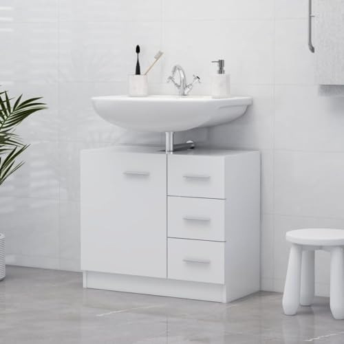 Homvdxl Waschbeckenunterschrank, Bodenstehender Aufbewahrungsschrank, Waschbeckenunterschrank mit Tür & 3 Schubladen, Waschbecken-Design, nicht für Podest, Weiß