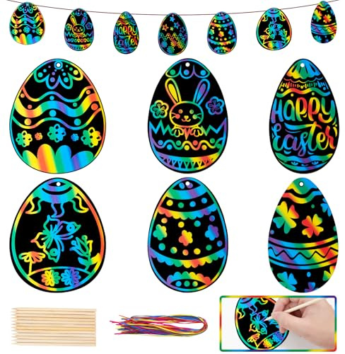 GOMANCHE 48 Pieces Easter Scratch Art Paper, Easter Egg Rainbow Magic Scratch Crafts Ornaments with Wooden Stick and Ribbon for Kids Easter Party Favor Decorations
