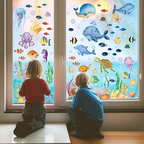 Kangtaixin Fensterbilder Kinderzimmer Selbstklebend - 9 Blatt Wiederverwendbare Unterwasserwelt Fenstersticker mit Meerestieren, DIY Ozean Fensteraufkleber für Kinder Badezimmer, Fensterdeko