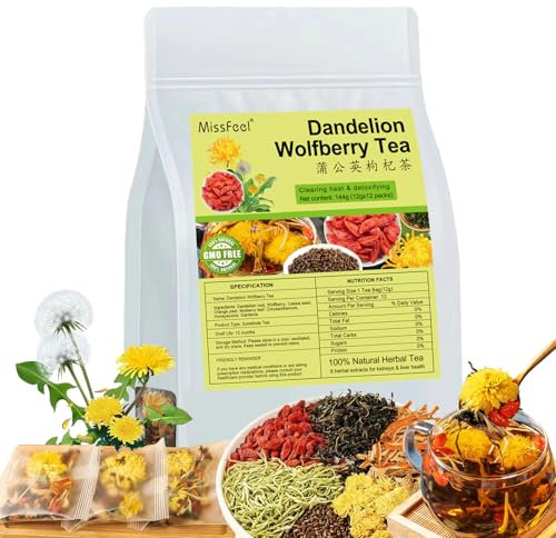 Dandelion Wolfberry Tea, 12 Pcs Natural Kidney & Liver Detox Tea, 8 Chinese Herbal Ingredients Blend, Dandelion Wolfberry Organic, Cassia seed, Chrysanthemum, Honeysuckle (144g,12gx12 packs)