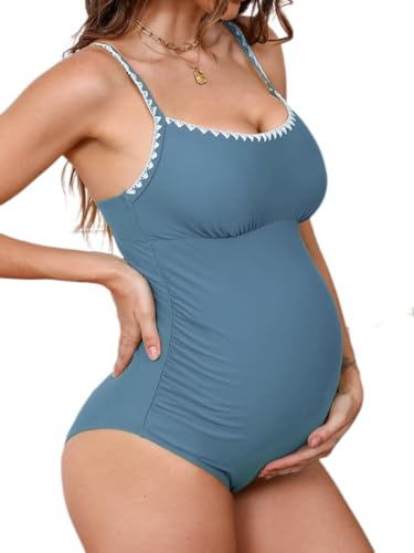 CUPSHE Women's Maternity One Piece Swimsuit Adjustable Strap Ruched Shell Stitched Back Cutout Bathing Suit for Pregnancy, L Slate Blue