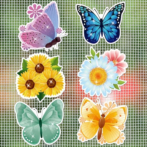 JSRQT 6 Paar Dekorative Fliegengitter-Türmagnete, Aufkleber, Magnetische Terrassen-Schiebetür, Vogelschlagschutz, Schmetterlings-Blumen-Designs