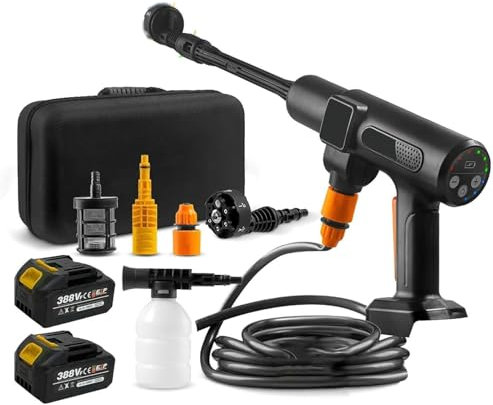 Nettoyeur Haute Pression sans Fil, 200 Bar Nettoyeur Haute Pression avec 2 Batterie, Buse 6 en 1, Tuyau de 5M, écran LCD, Pistolet Haute Pression Portable pour Voiture, Terrasse, Fenêtre, Pelouse, Pet