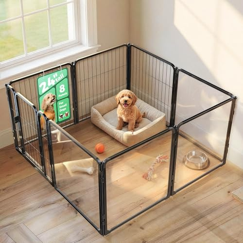 FXW AuraSpace Pro Acrylic & Wire Mesh Indoor Dog Playpen, 24 Height 8 Panels Metal Dog Pen for Puppies & Small Dogs, Black│Patented