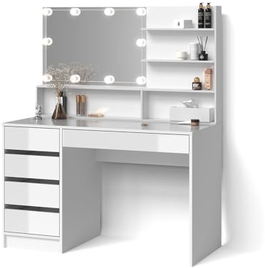 Livinity Schminktisch Imola, Weiß, 145 cm | mit LED Beleuchtung, und Spiegelregal
