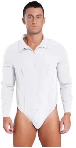 CHICTRY Uomo Camicia Body a Maniche Lunghe Regular Fit Camicie Business con Colletto Abbottonato Top Perizoma Monopezzi Shirt da Ufficio da Lavoro Undershirt Bianco XL