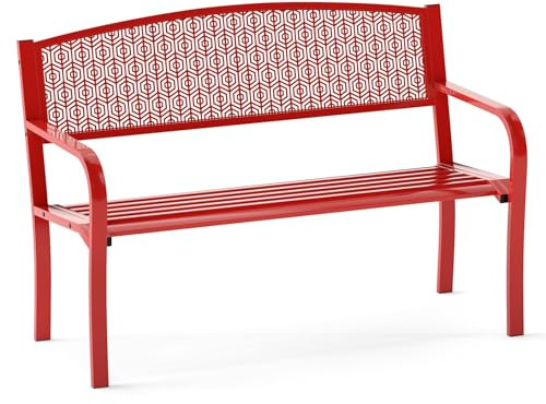 FANTASK Panchina da giardino in metallo, 126 x 60 x 86 cm, per 2-3 persone, panca in ghisa con schienale e braccioli, panca in metallo rosso, durevole, facile da pulire