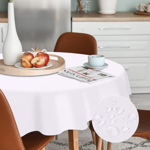 AUAUY Tischdecke Rund 140cm, Fleckschutz Abwaschbar Wasserabweisend Tischdecke Weihnachten Tischtuch, Polyester Tischtuch für Esszimmer, Garten, Party, Hochzeiten oder Haushal-Weiß