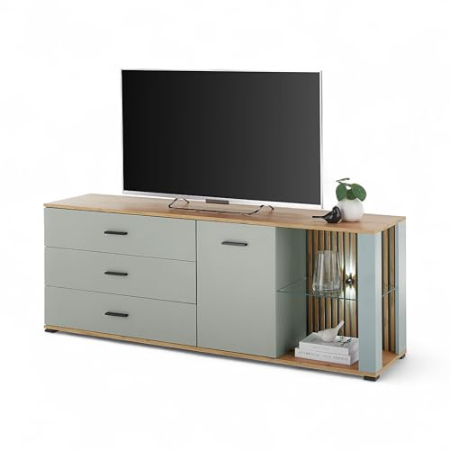 NARVA TV-Lowboard mit LED-Beleuchtung in Salbei, Evoke Eiche Optik - TV Schrank mit viel Stauraum für Ihr Wohnzimmer - 179 x 67 x 44 cm (B/H/T)