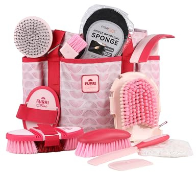 Furrishine Kit de aseo para caballos de 11 piezas, peine de curry, raspador de sudor, suministros de baño de caballo, herramientas de aseo con bolsa de almacenamiento, granate rosa