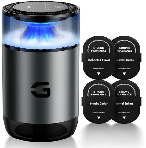 Geinself Smart Car Air Freshener Diffuser, Waterless Essential Oil Diffuser with 4 Modes, 4 Scent Refills, Auto On/Off, USB - C Rechargeable Wireless, Ambient Light for Home/Car Use (GS-5502-Grey)