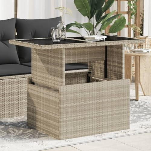 HaoChrymec Gartentisch mit Glasplatte Hellgrau, PE-Rattan, Verstellbare Tischplatte, Loungetisch Outdoor, Beistelltisch Garten, Balkon Tisch, Wetterfest, 100 x 55 x 73 cm
