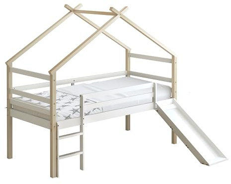 Sunny River Cama con tobogan, Beige/Blanco | Colchon hibrido 90x200 Incluido (14 cm, Espuma hibrida, Funda de Poliester) | Dimensiones totales: 213 x 186 x 183 cm (tobogan Incluido).