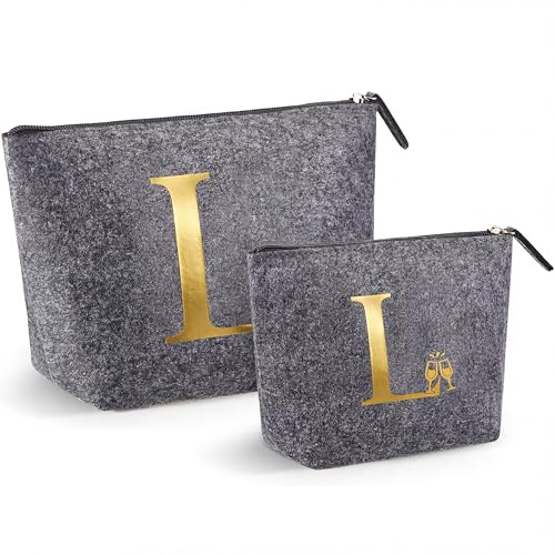 Xuniea 2 Filz Kosmetiktasche mit Buchstabe M, L, A, Frauen Schminktasche in 2 Größe, Multifunktionale Makeup Tasche, Reise Kulturbeutel, Geschenk zum Geburtstag Weihnachten für Lehrerin Kollegin (L)