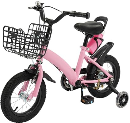 ROGONPDK 12 Zoll Kinderfahrrad, Mädchen Jungen Kinderfahrräder, Kinder Fahrrad, Höhenverstellba Kinderrad mit Stützrädern, Freistehend Upgraded Kinder Fahrrad, für 2-5 Jahre alt Kinderfahrrad (Rosa)