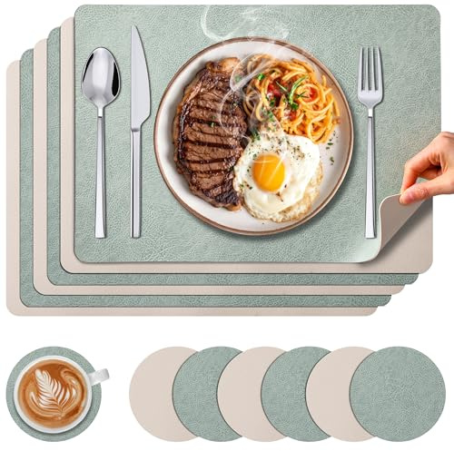 KUOGAS 6 Tovagliette Americane Lavabili Antiscivolo Doppia Faccia | Tovagliette colazione, rettangolari, sottobicchieri pelle, impermeabili, per cucina, sala da pranzo, ufficio.