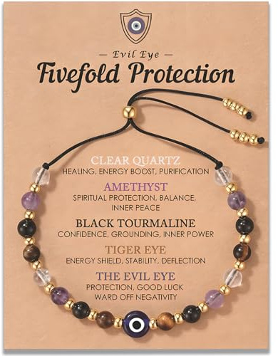 Virelle Evil Eye Bracelet - Protection Bracelet for Women & Men with 5 Healing Crystals - Adjustable Stone, Spiritual Guardian Jewelry Gift with Meaning Card