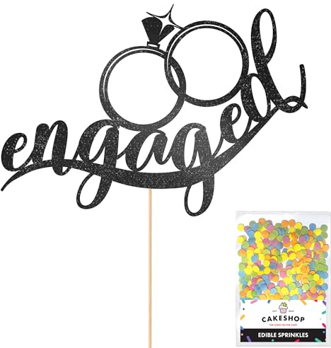 Cakeshop Engagement Glitter Cake Topper With Sprinkles - Black Custom Colour - Double-Sided Glitter Card Cake Decoration - Perfect For Engagement Parties - Toppers for Cakes