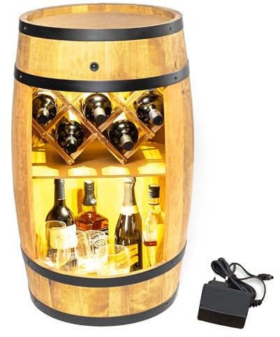CREATIVE COOPER Fassbar mit Weinhalter und LED - Weinregal - Holzfass Hausbar 80cm - Rustikaler deko Barschrank Weinständer – Fass Fassbier Whisky Bar Weinschrank (Hellbraun) 230/12V