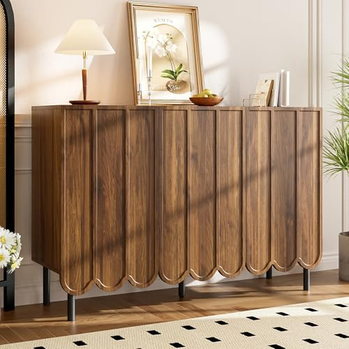 MAMAINI Aparador moderno de madera de nogal con puertas onduladas, 120 x 35 x 80 cm, sin mango, estantes ajustables, espacio de almacenamiento para salón, pasillo y comedor