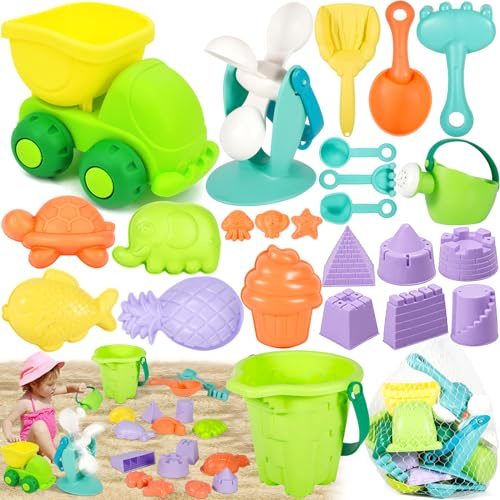 POWZOO 24 stycken strandsandleksaker set för barn | med vattenhjul, strandhink, sandskopa, sandformar, osv. Resor sandleksak strand, sandleksaker barnset för 1–6 år barn.