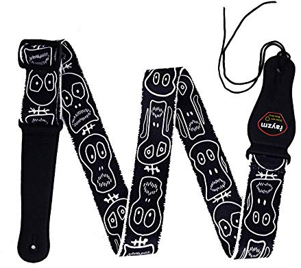 Rayzm Gitarrengurt/Bass Gurt, Polyester Tragegurt für Akustik/Elektro Gitarre oder Bass Inclusive Plektrum Halter und Coolem Totenkopf-Design, 5cm Breit, Länge von 97 bis 155cm Verstellbar