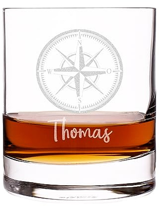 Herz & Heim® Whisky Glas mit Gravur eines Kompasses und Ihrem Wunschnamen