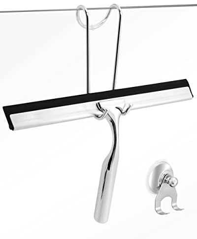 kowald Rasqueta limpiacristales para Ducha y Mampara Profesional con 2 Ganchos Diferentes, Acero Inoxidable, Cromado y 1 Hoja de Silicona de Repuesto