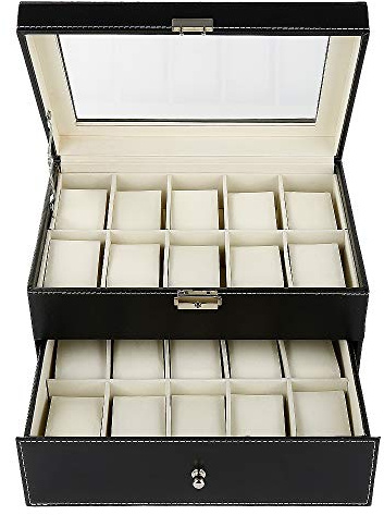 Wefun Uhrenbox Doppelschicht, 20 Fächer, mit Schloss und Schlüssel, für Uhren, Schmuck, Ohrringe usw.