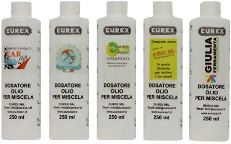 Eurex srl N. 6 Misurini Dosatori Olio per Miscela 250 ml Personalizzati con la Tua Scritta. Completo di Tappo, Scala Graduata e percentuali 2-4% 2,5-5% 3-6% (1)