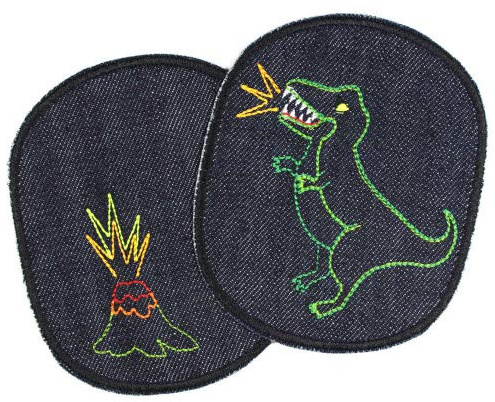 Flicken Dino und Vulkan zum aufbügeln 12 x 10cm Bügelflicken blau Jeans teilw. neon Bügelbilder