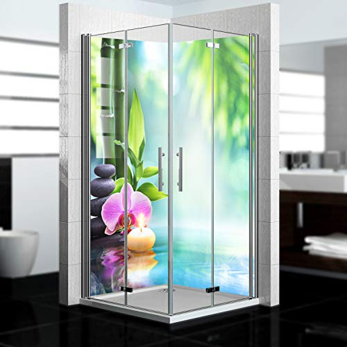 dedeco Eck-Duschrückwand wasserfest mit Zen V4 Motiv UV-Lack glänzend - 2 x 90x200 cm, als Badrückwand zum Fliesenersatz, als Dekorwand, Wandverkleidung und Duschplatte aus Aluminium - Made in Germany