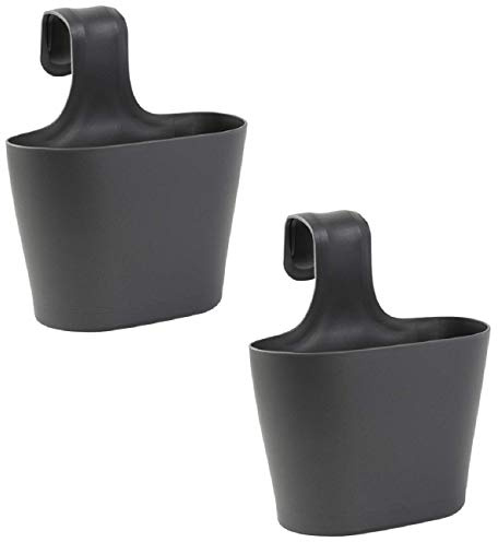 Engelland 2 x Blumentopf zum Auf-Hängen, Geländertopf, Anthrazit, Hängetopf, Balkon-Kasten, oval, Übertopf, Pflanzkasten, mit Wasserspeicher/Wasserauffangschale, 2,8 Liter