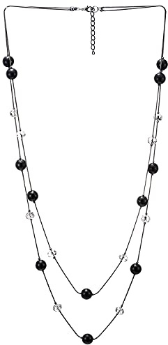 COOLSTEELANDBEYOND Schwarz Statement Halskette Zwei Strang Lange Kette mit Transparente Kristall Perlen Charme Anhänger, Modisch Abendkleid