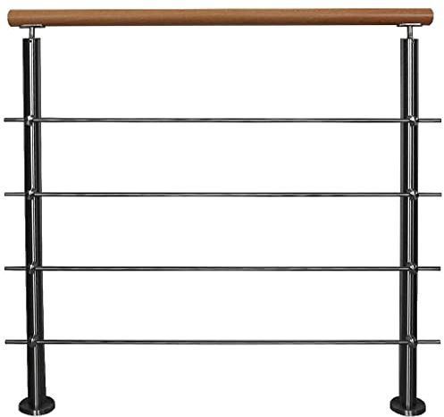 TIBU Edelstahl Geländer mit Holz Buche Handlauf 0,6-5 m Länge Treppengeländer Innen, Variante: mit 4 Streben Länge: 1,0 m mit 2 Pfosten