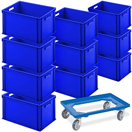 BRB 10er SPAR-Set Euro-Behälter PLUS Transportroller, 600x400x320 mm Industriequalität lebensmittelecht (blau/blau)