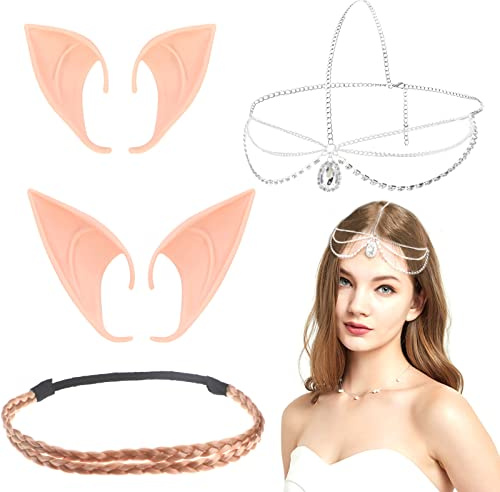 HOWAF Elfen Kostüm Elfenohren Set, Latex Ohren Spitzohren Feenohren Kopfkette Kopfschmuck Stirnband Haarband Weiche Spitzohren Karneval Kostüm für Halloween Kostüm Anime Party Cosplay Zubehör