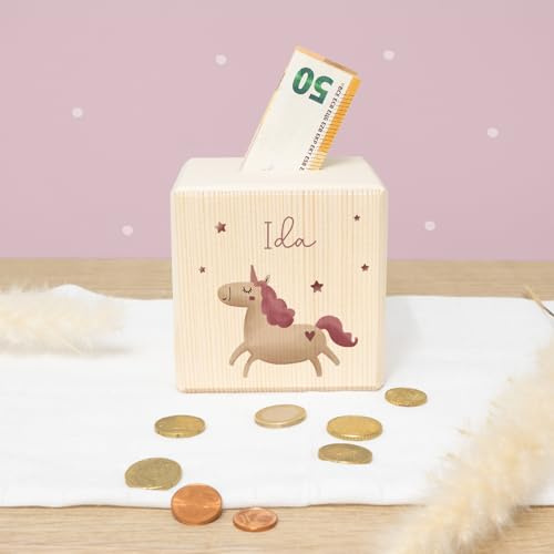 Personalisierte Kinder Spardose mit Namen aus Holz Geschenk Geschenkideen zum Geburtstag zur Einschulung, Taufe, Geburt Sparschwein Motiv Einhorn für Jungen und Mädchen hellomini