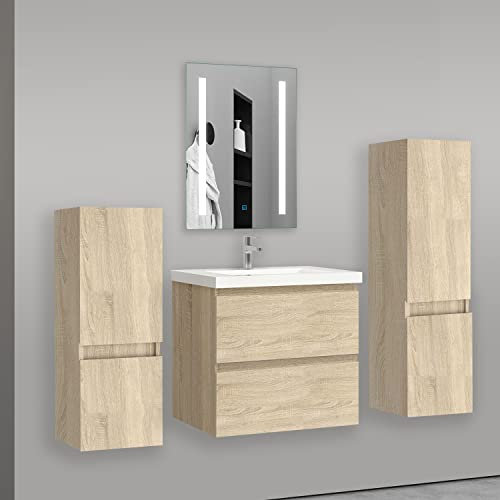 AICA sanitaire Ensemble de Meuble de Salle de Bain chêne Clair 60cm+Vasque+Miroir+Colonne Meuble Salle de Bain-Armoire de Rangement-Meubles-lavabos